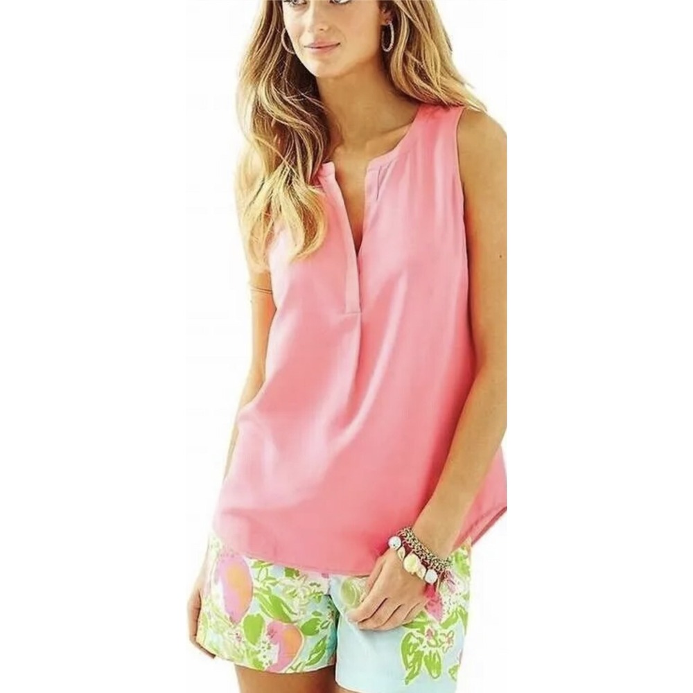 Lilly Pulitzer Stacey Silk Top Sleeveless V-Neck Hot Coral Neon Pink Medium